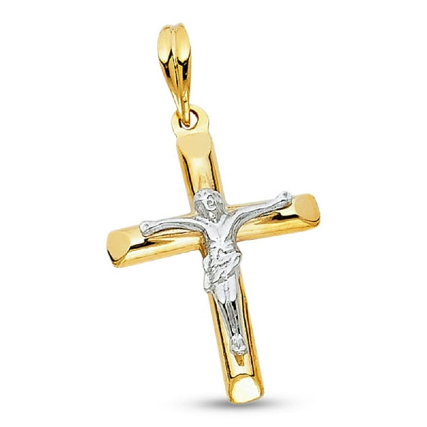 14KT Two Colored Gold Jesus Crucifix Charm Religious Cross 2 Tone 1inch Pendant